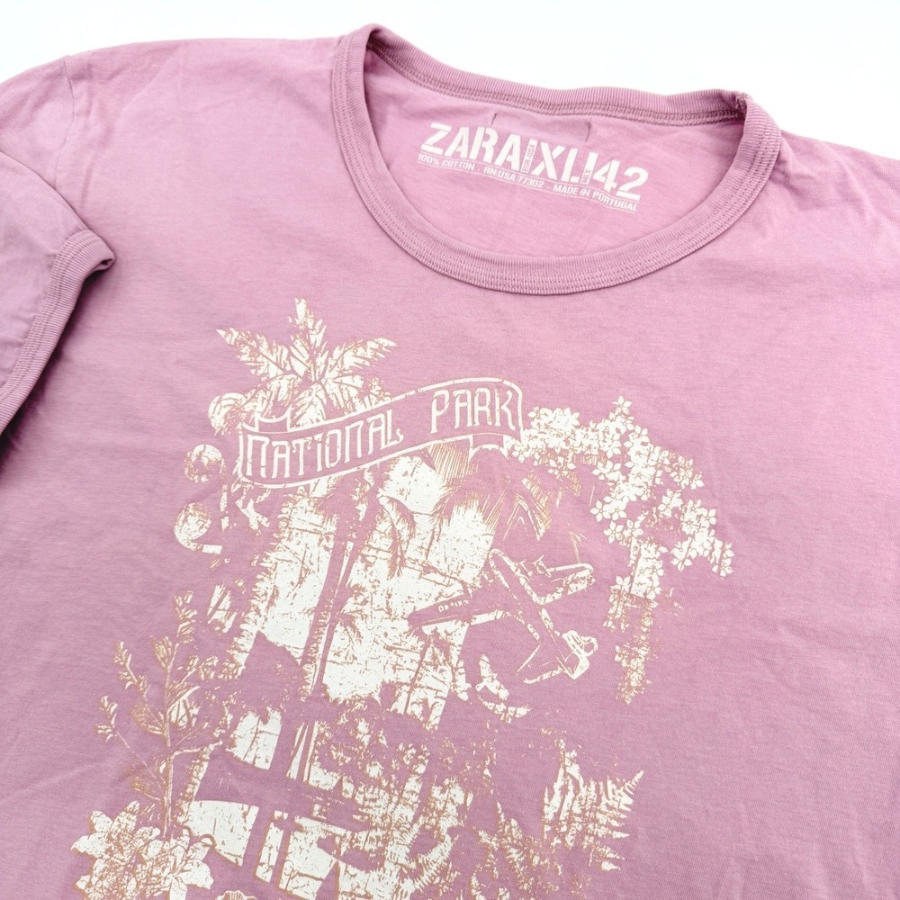 Zara T-Shirt Womens XL Pink National Park Graphic Slim‎ Fit Cotton Short Sleeve
